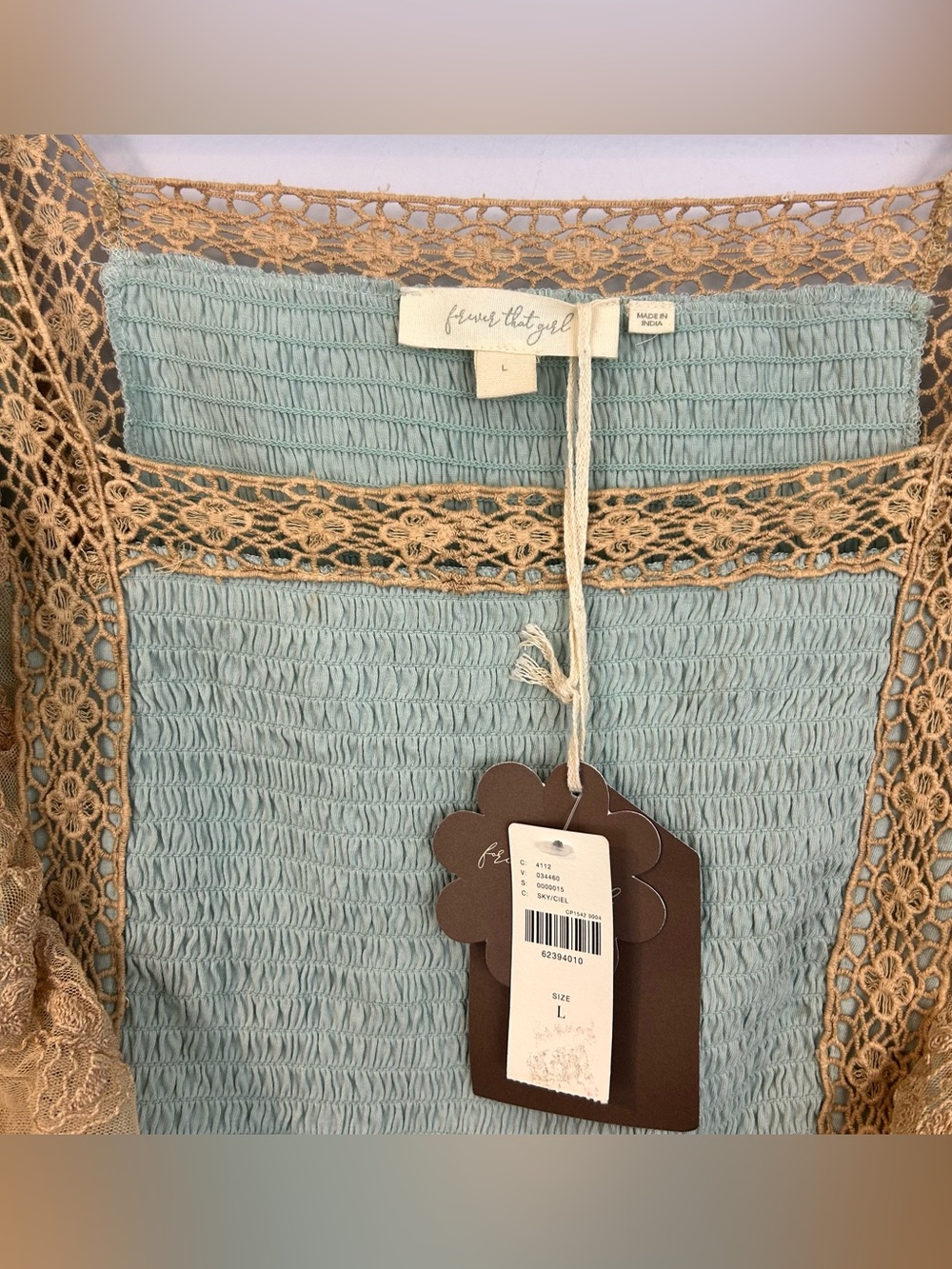 NWT Forever That Girl Blue/Tan Ruffle Lace Peplum Fairy Top Large Anthropologie - Picture 12 of 16